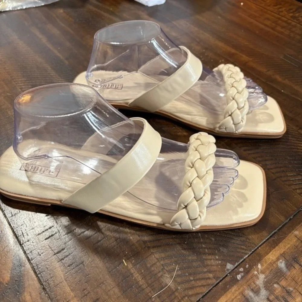 Women's 10‎ Cream Braided Strap Square Toe Flat Sandals New
